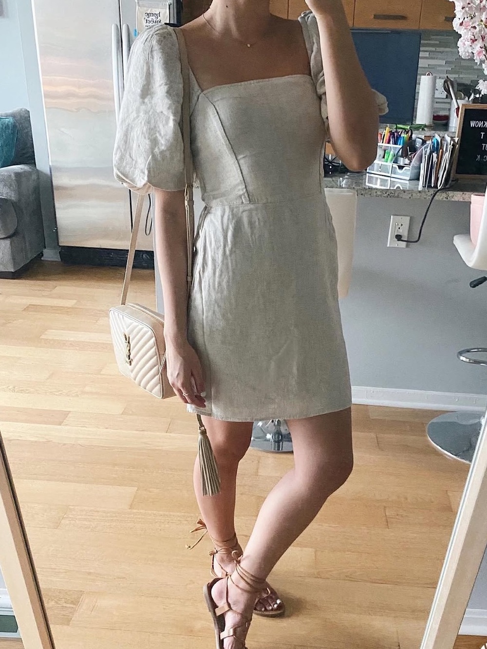 Abercrombie & Fitch Natural Beige Linen Puff-Sleeve Mini Dress